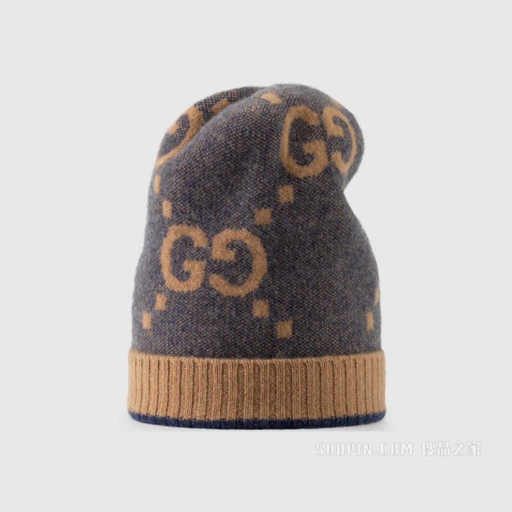 GG针织山羊绒帽 蓝色和米色