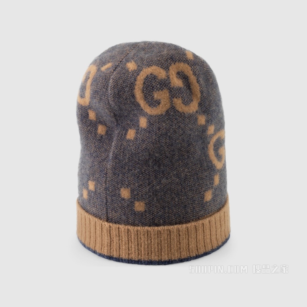 GG针织山羊绒帽 蓝色和米色