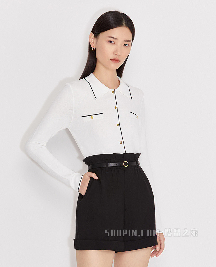 撞色翻领针织外套