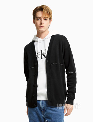 Calvin Klein 男士纽扣V领开衫纯棉刺绣毛衣针织衫J319779