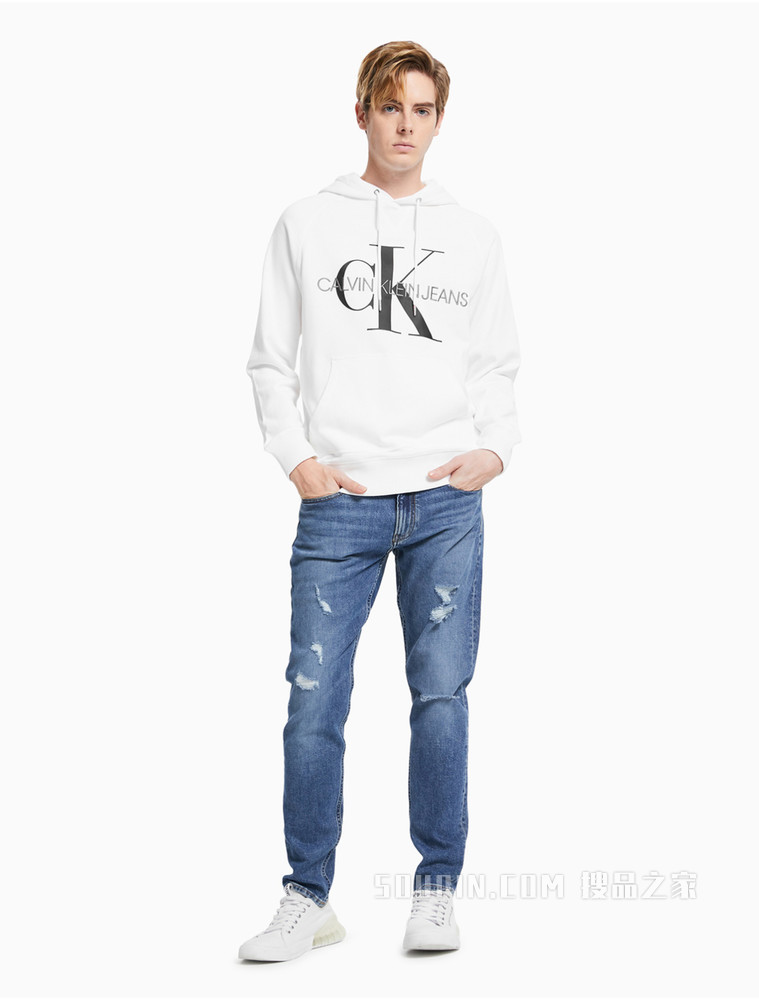 Calvin Klein 男装新年红时尚棉质交叠LOGO连帽套头卫衣J318041