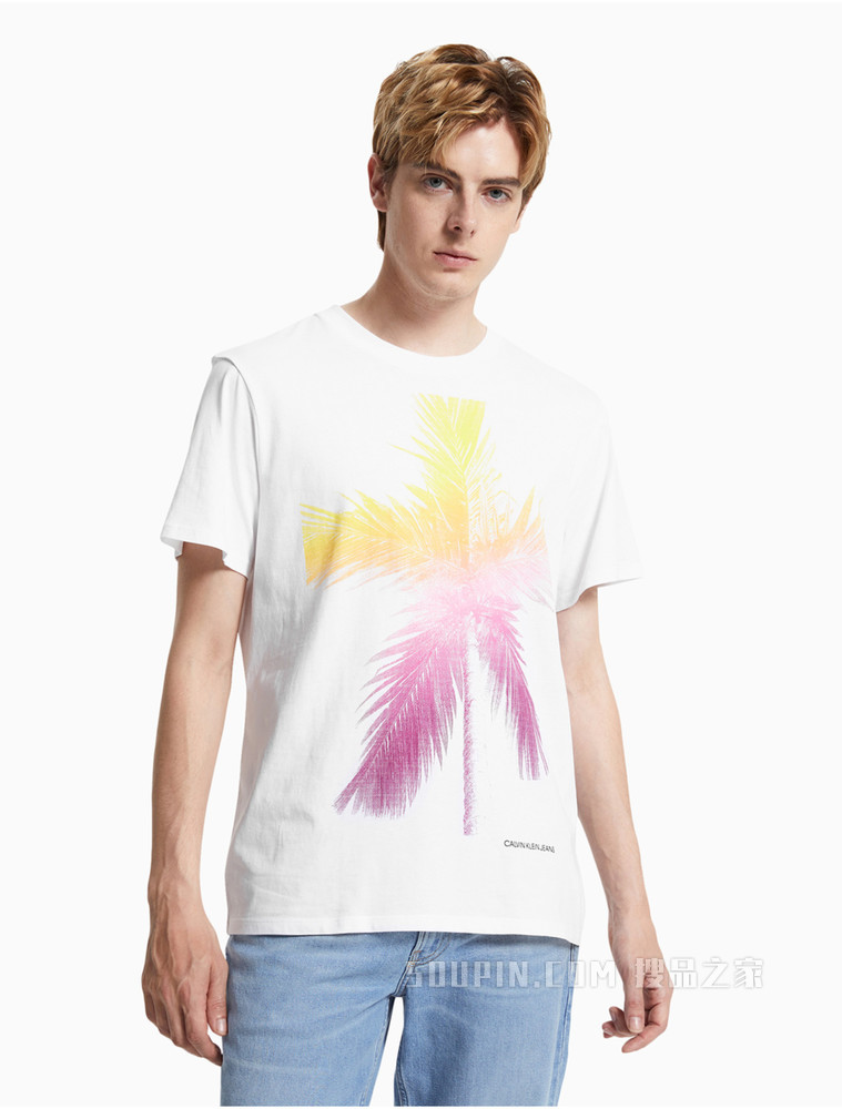 Calvin Klein 男装时尚度假风渐变椰树图案印花圆领短袖T恤J318195
