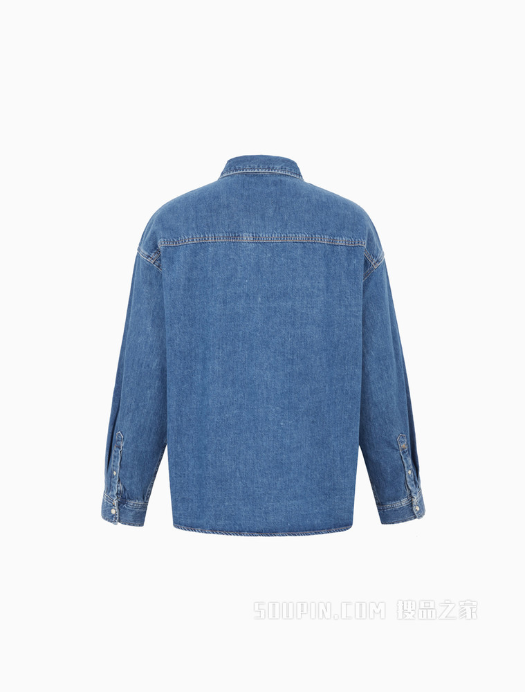 Calvin Klein 男士纯棉翻领口袋水洗长袖牛仔衬衫J319041