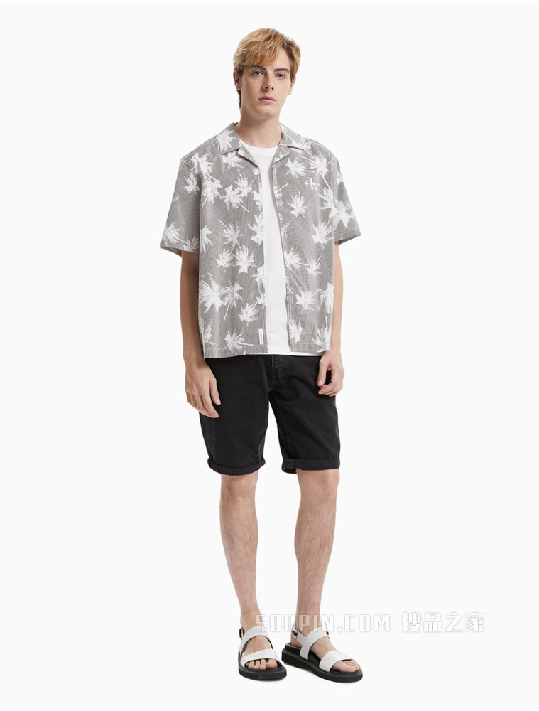 Calvin Klein 男士翻领条纹树叶图案印花短袖衬衫J318190