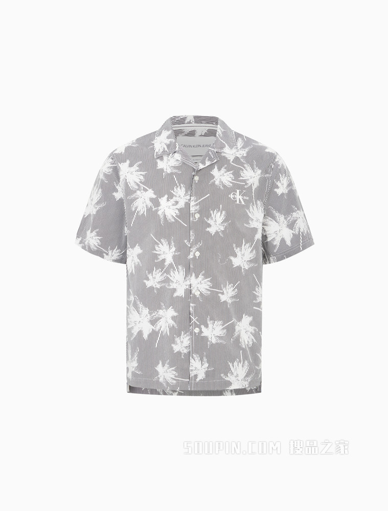 Calvin Klein 男士翻领条纹树叶图案印花短袖衬衫J318190