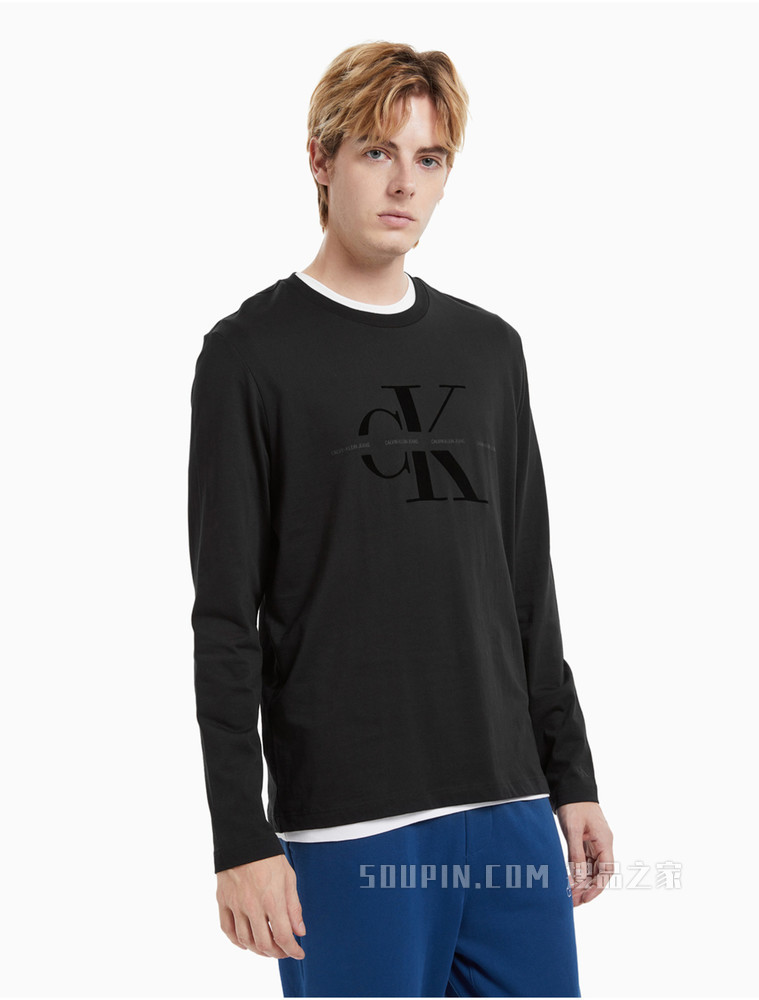 Calvin Klein 男装立体植绒LOGO全棉圆领长袖T恤J319613