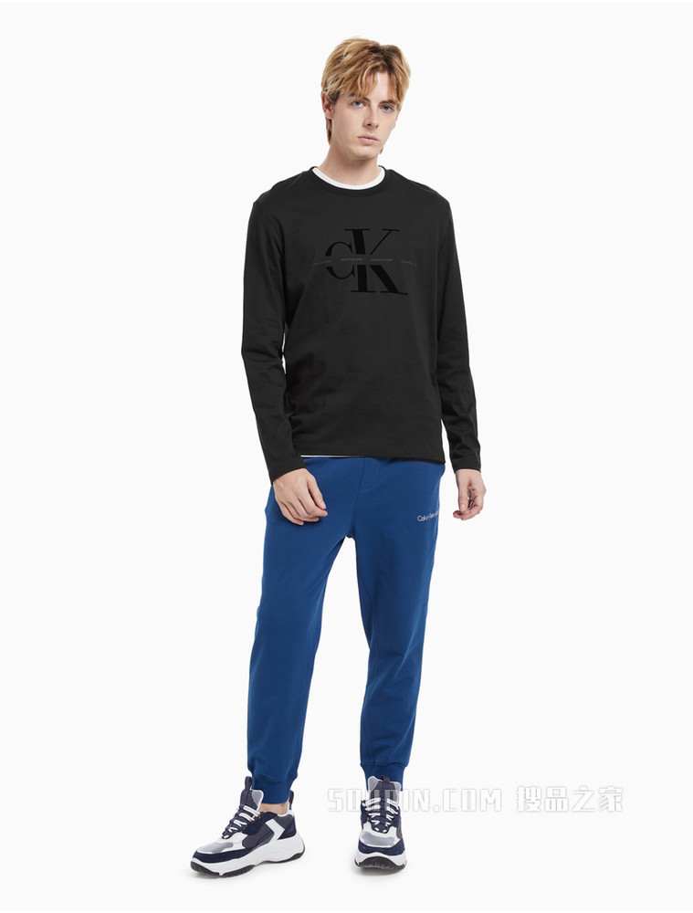 Calvin Klein 男装立体植绒LOGO全棉圆领长袖T恤J319613