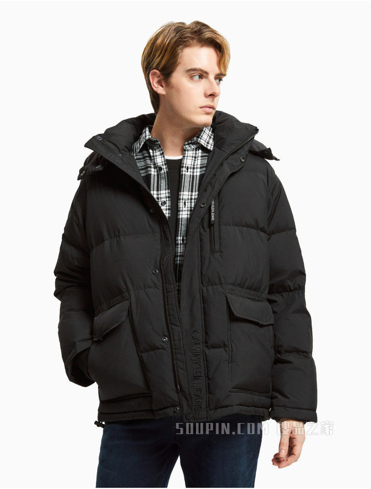 calvin klein 男士保暖可卸帽交叠logo羽绒服j320867