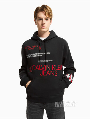 Calvin Klein 男士抽绳连帽大幅LOGO印花加绒卫衣J319366
