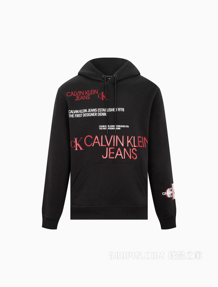 Calvin Klein 男士抽绳连帽大幅LOGO印花加绒卫衣J319366