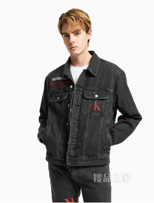 Calvin Klein 男士时尚翻领撞色LOGO印花牛仔外套J319045