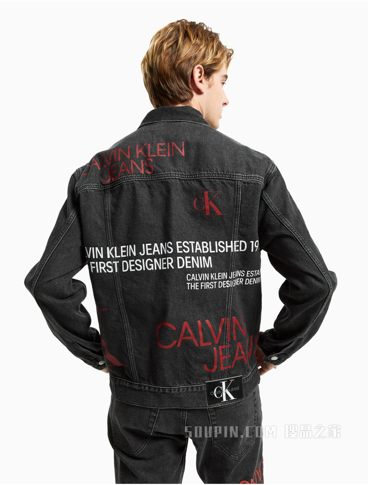 Calvin Klein 男士时尚翻领撞色LOGO印花牛仔外套J319045