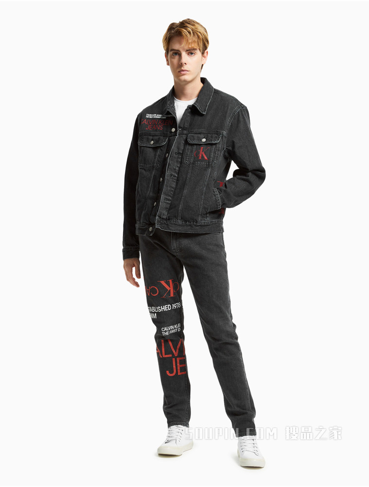 Calvin Klein 男士时尚翻领撞色LOGO印花牛仔外套J319045