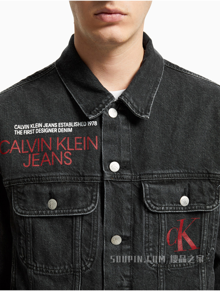 Calvin Klein 男士时尚翻领撞色LOGO印花牛仔外套J319045