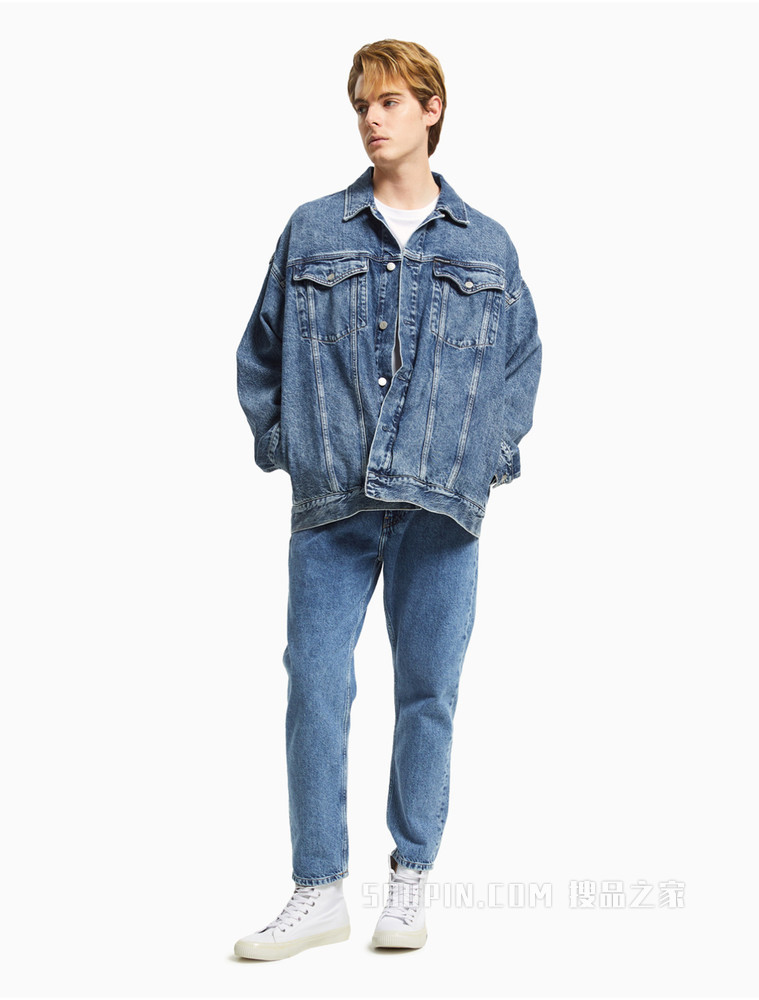 Calvin Klein 男士纯棉翻领LOGO贴片水洗牛仔外套J319047