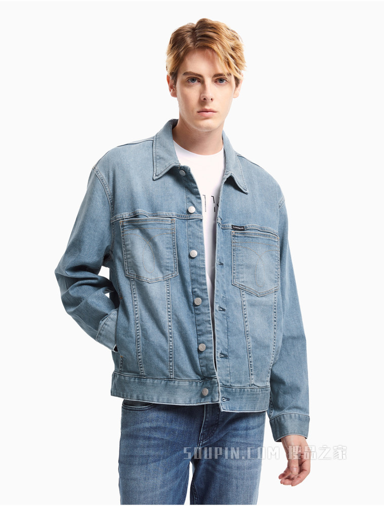 Calvin Klein 男士翻领纽扣水洗口袋牛仔外套J317964