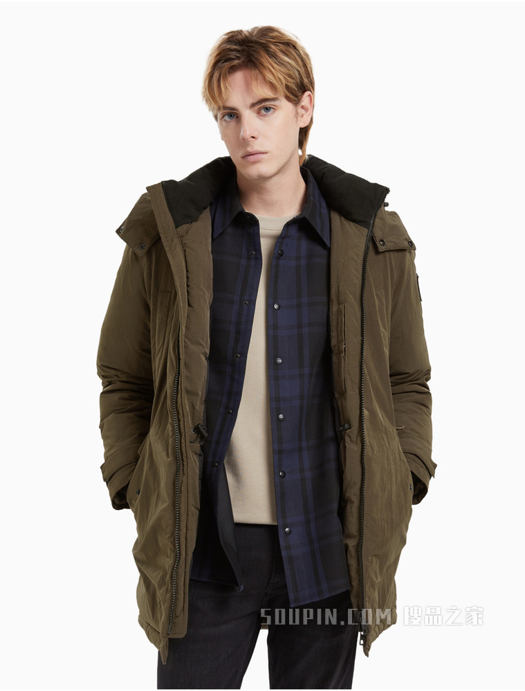 Calvin Klein 男士连帽抽绳立领交叠LOGO羽绒服J319614