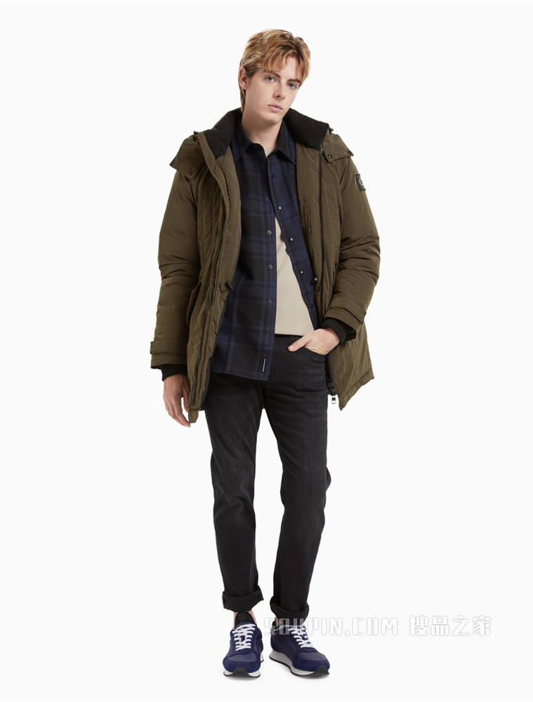 Calvin Klein 男士连帽抽绳立领交叠LOGO羽绒服J319614