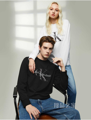 Calvin Klein 男女同款时尚反光交叠LOGO印花圆领卫衣J319609