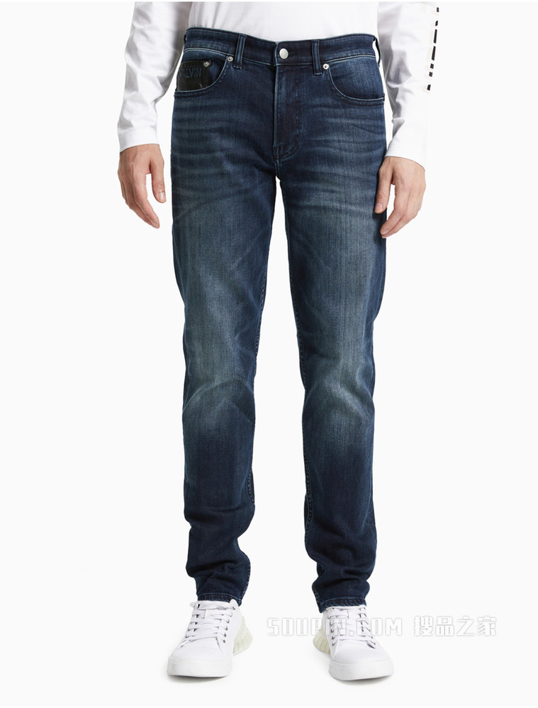 Calvin Klein 男装时尚蓝色水洗LOGO铆钉扣长款牛仔裤J319343