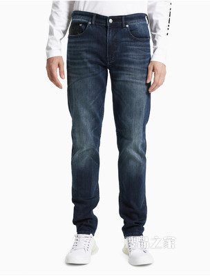 Calvin Klein 男装时尚蓝色水洗LOGO铆钉扣长款牛仔裤J319343