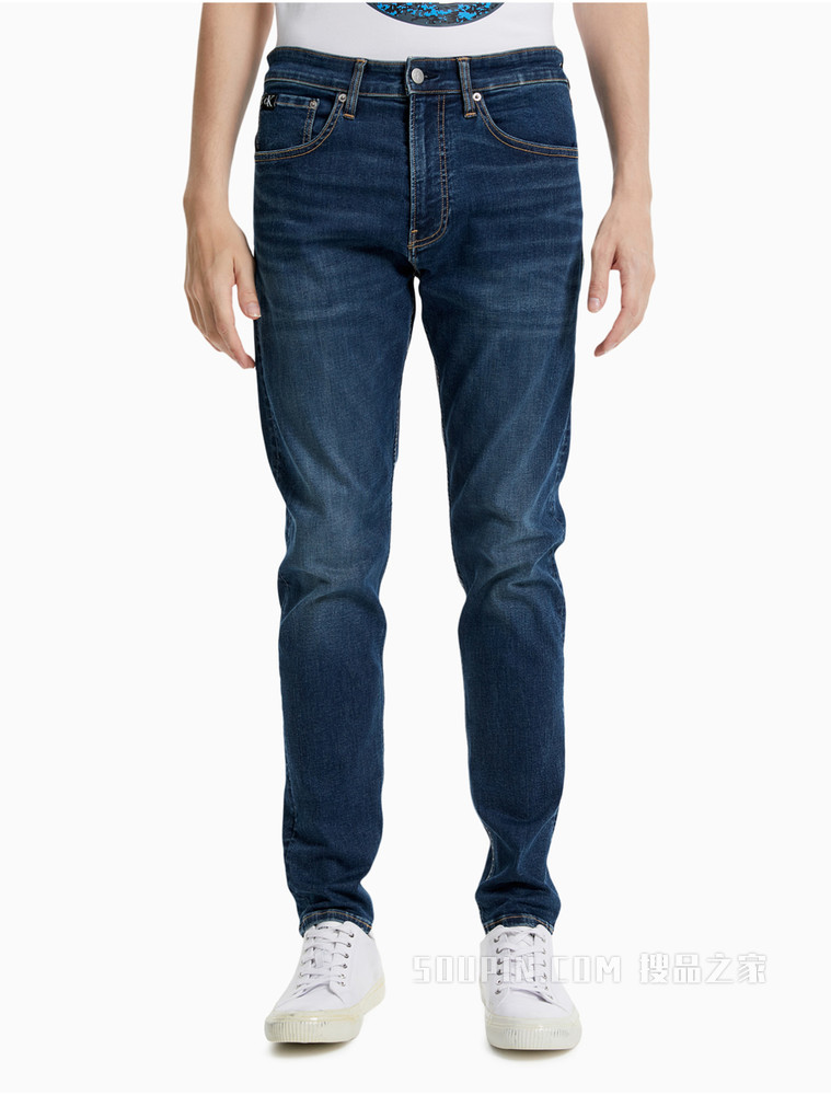 Calvin Klein 男装时尚蓝色水洗LOGO铆钉扣长款牛仔裤J319329