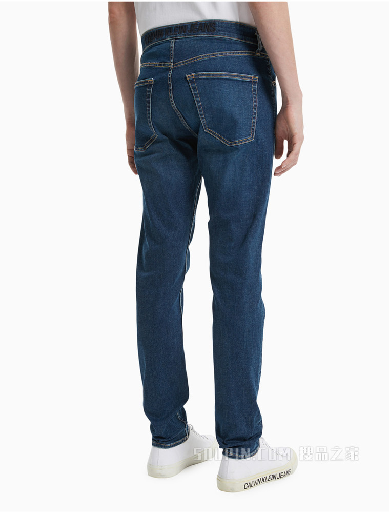 Calvin Klein 男装时尚蓝色水洗LOGO铆钉扣长款牛仔裤J319329