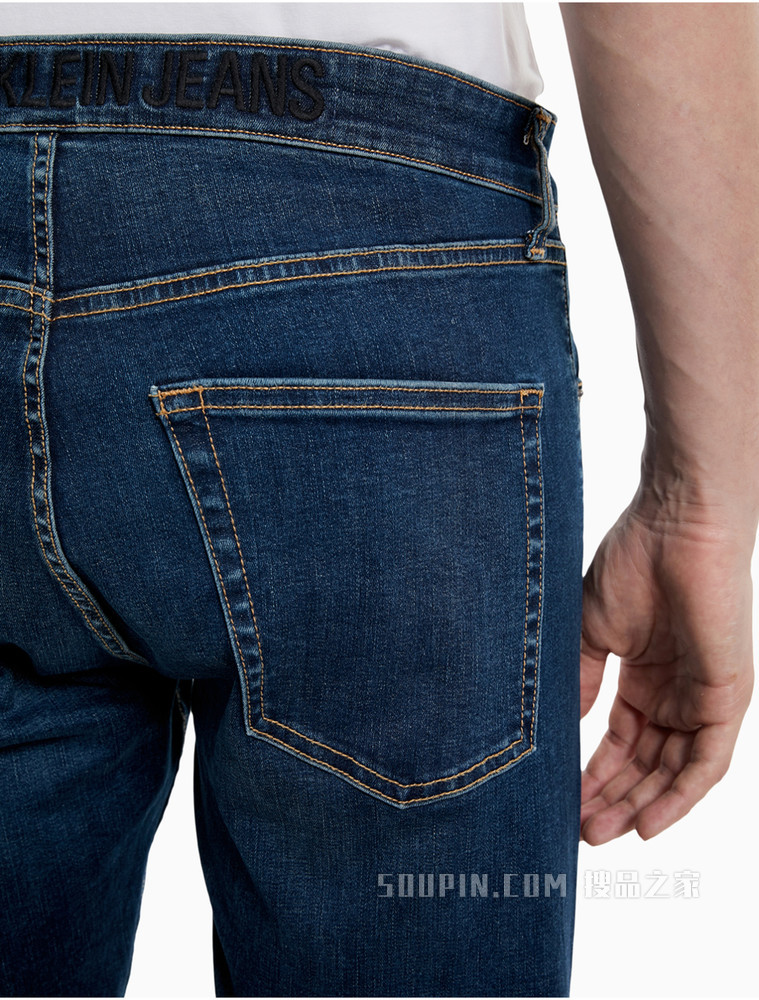 Calvin Klein 男装时尚蓝色水洗LOGO铆钉扣长款牛仔裤J319329