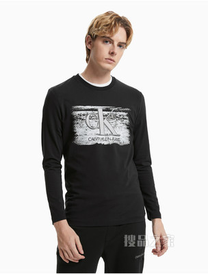 Calvin Klein 男装时尚撞色LOGO印花圆领长袖T恤J319610