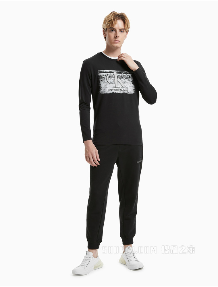 Calvin Klein 男装时尚撞色LOGO印花圆领长袖T恤J319610