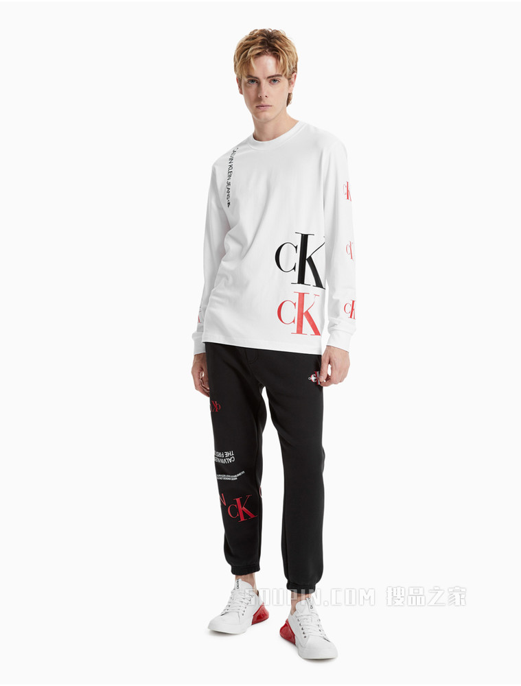 Calvin Klein 男装抽绳腰边活力印花松紧脚口长裤J319602