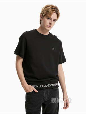 Calvin Klein 男装全棉圆领LOGO罗纹摆围短袖卫衣J319639