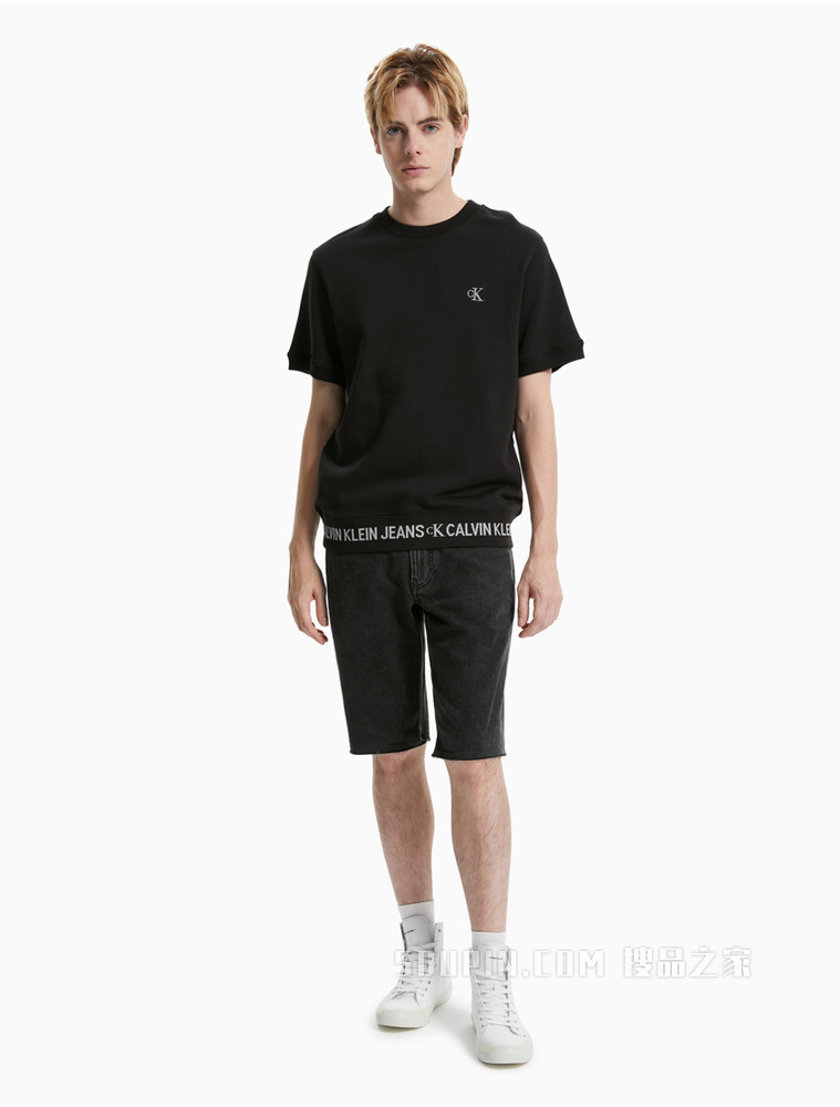 Calvin Klein 男装全棉圆领LOGO罗纹摆围短袖卫衣J319639