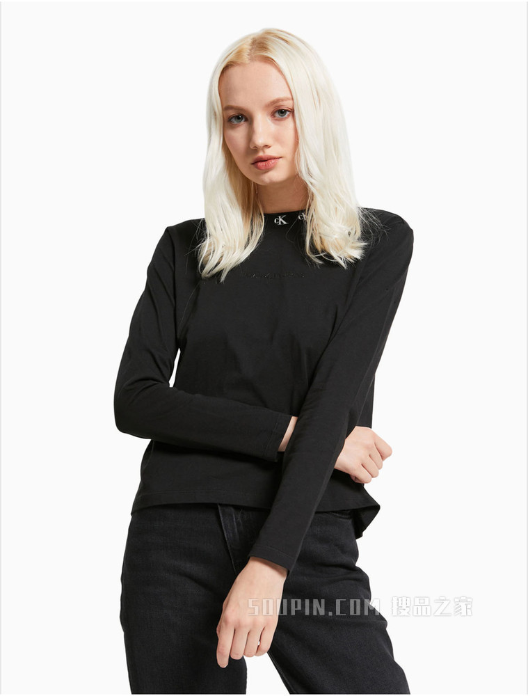 Calvin Klein 女装时尚圆领全棉LOGO提花修身长袖T恤J215220