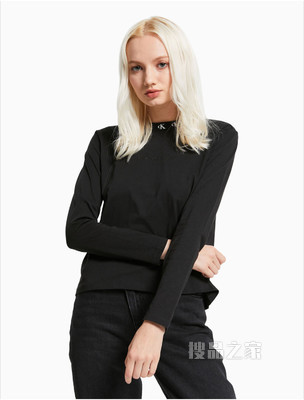 Calvin Klein 女装时尚圆领全棉LOGO提花修身长袖T恤J215220