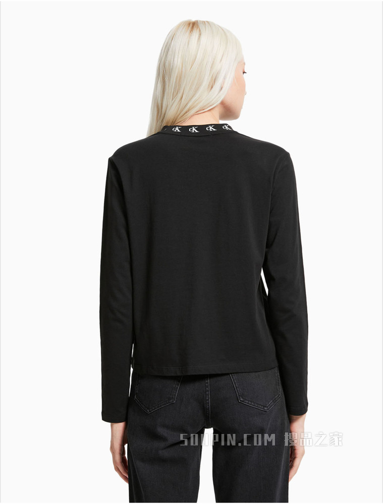 Calvin Klein 女装时尚圆领全棉LOGO提花修身长袖T恤J215220