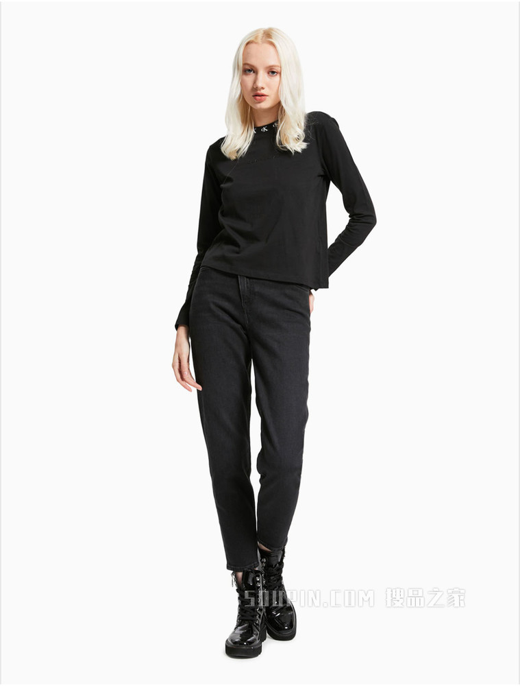 Calvin Klein 女装时尚圆领全棉LOGO提花修身长袖T恤J215220