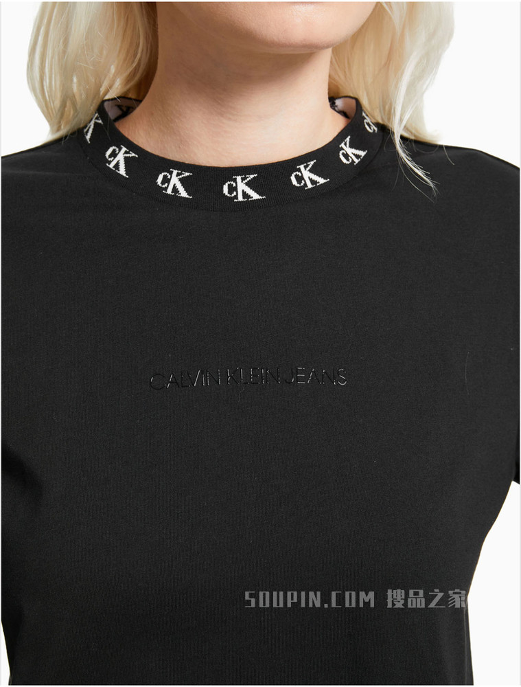 Calvin Klein 女装时尚圆领全棉LOGO提花修身长袖T恤J215220