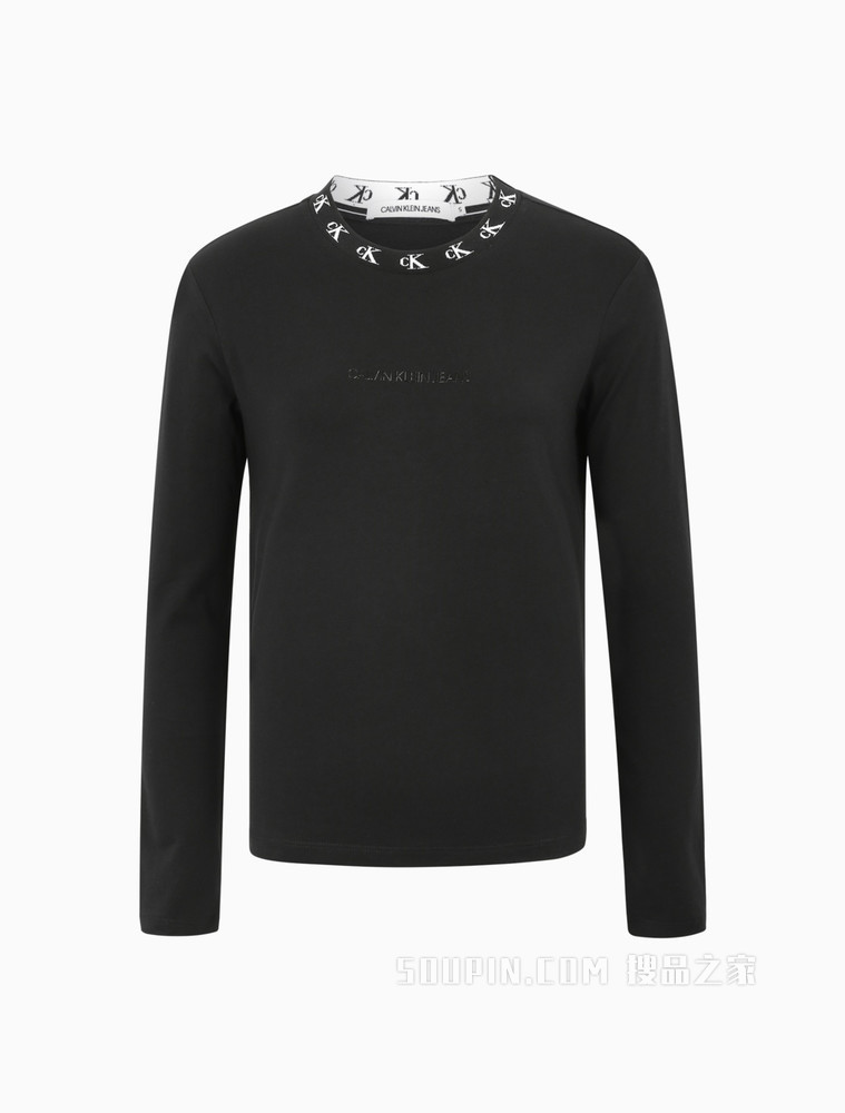 Calvin Klein 女装时尚圆领全棉LOGO提花修身长袖T恤J215220