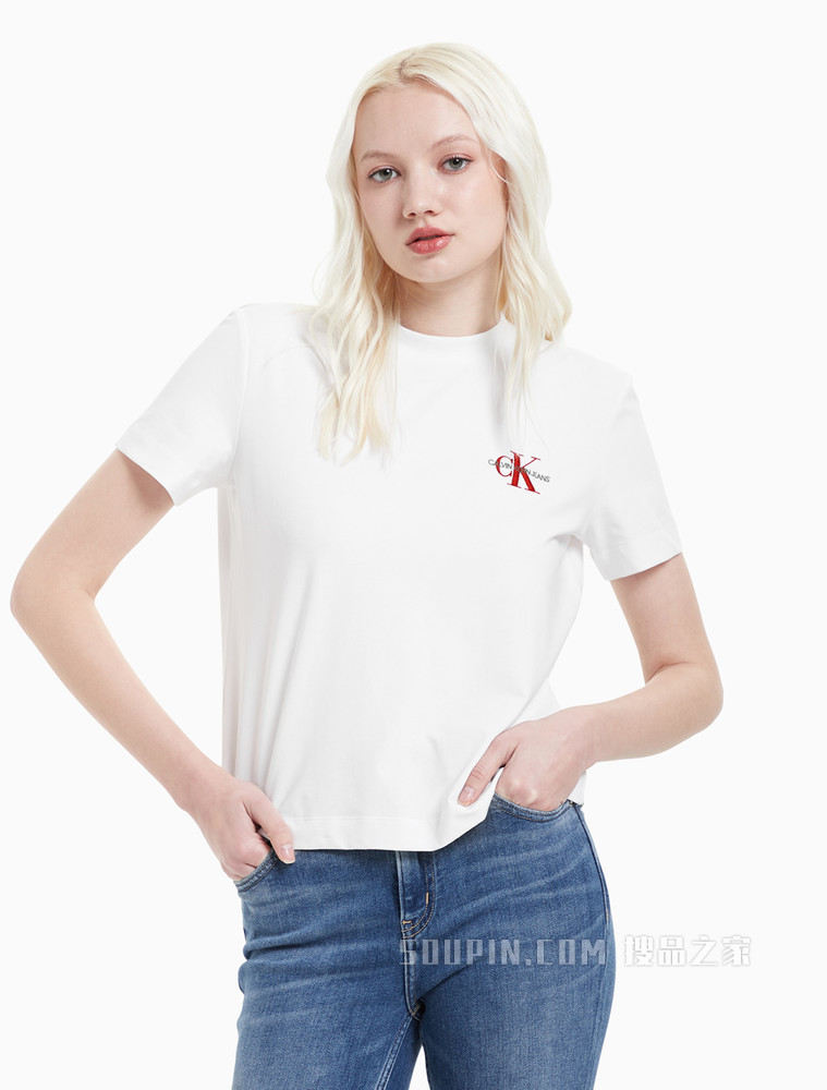 Calvin Klein 女装时尚圆领刺绣叠印LOGO短袖T恤J216166