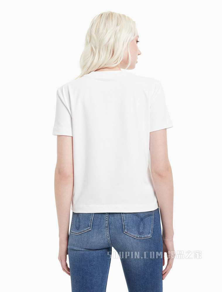 Calvin Klein 女装时尚圆领刺绣叠印LOGO短袖T恤J216166
