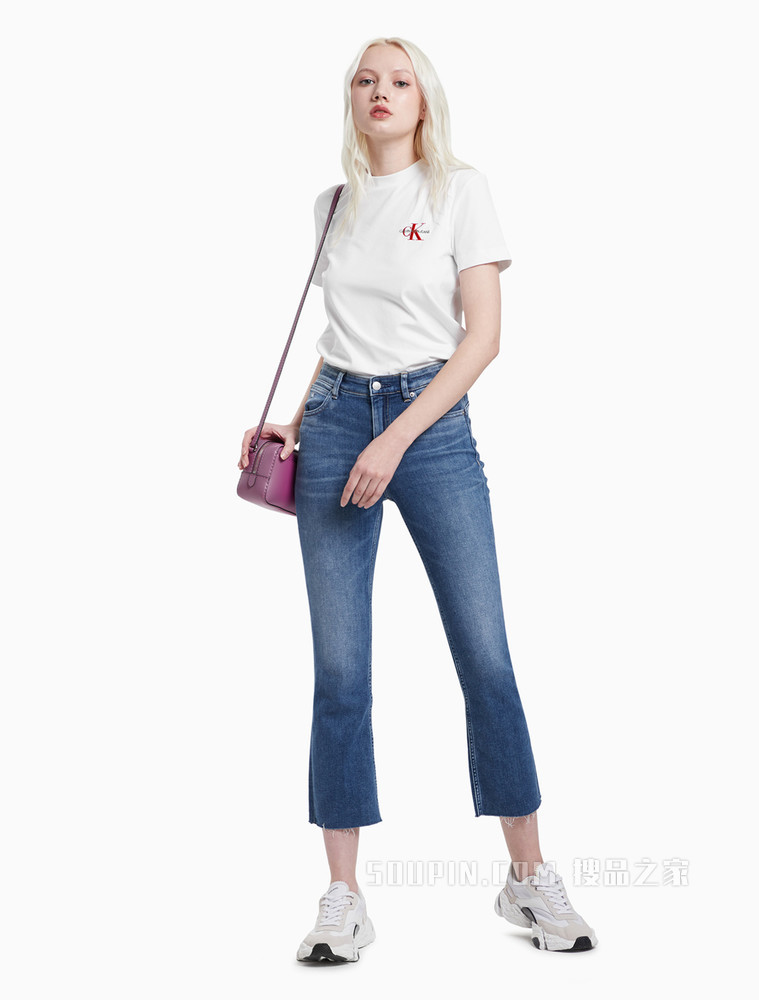 Calvin Klein 女装时尚圆领刺绣叠印LOGO短袖T恤J216166