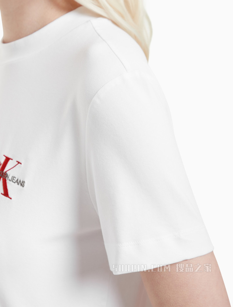 Calvin Klein 女装时尚圆领刺绣叠印LOGO短袖T恤J216166