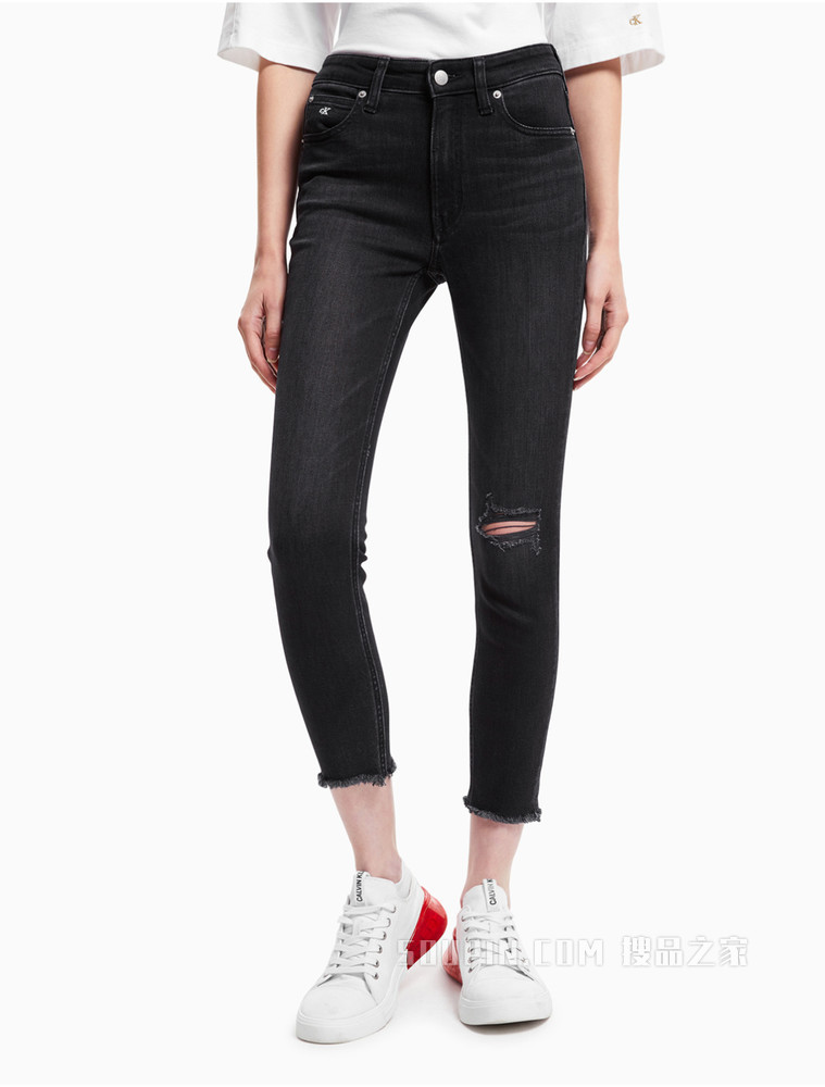 Calvin Klein 女装时尚复古黑色高腰紧身版破洞牛仔裤J216035