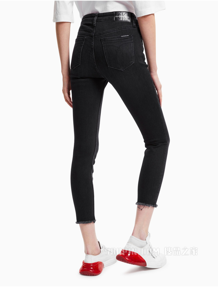 Calvin Klein 女装时尚复古黑色高腰紧身版破洞牛仔裤J216035