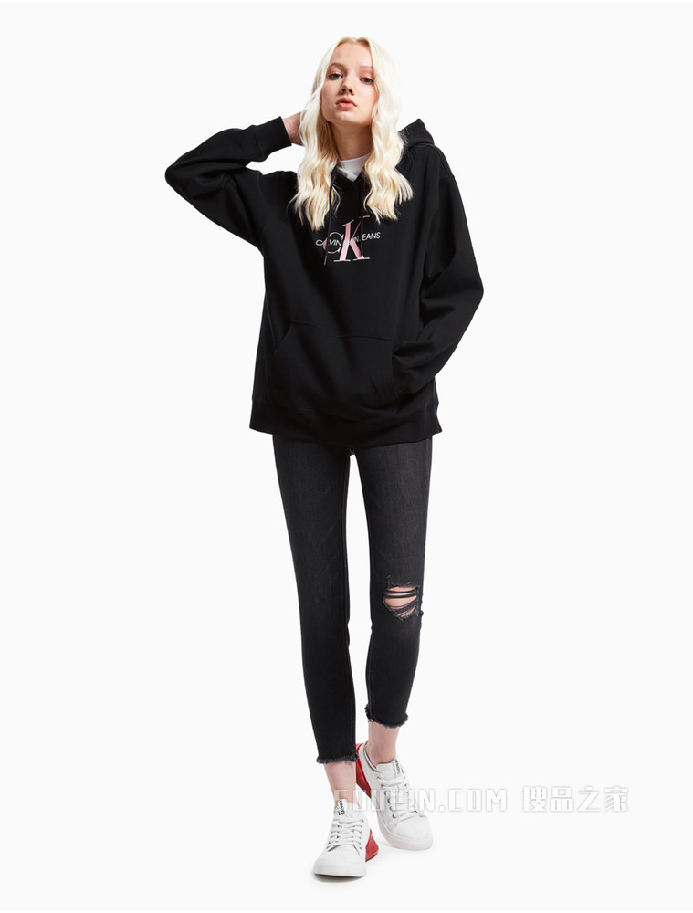 Calvin Klein 女装时尚复古黑色高腰紧身版破洞牛仔裤J216035