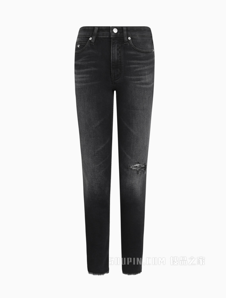 Calvin Klein 女装时尚复古黑色高腰紧身版破洞牛仔裤J216035