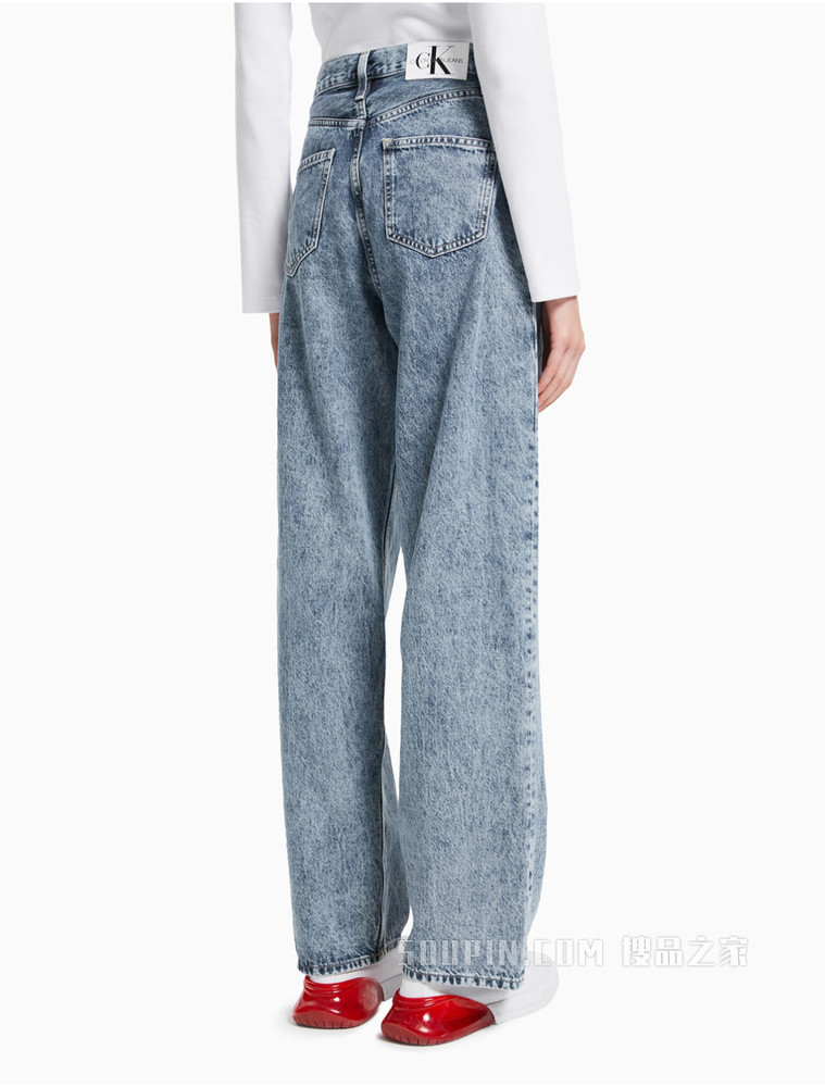 Calvin Klein 女士高腰直筒排扣做旧水洗牛仔裤J217798