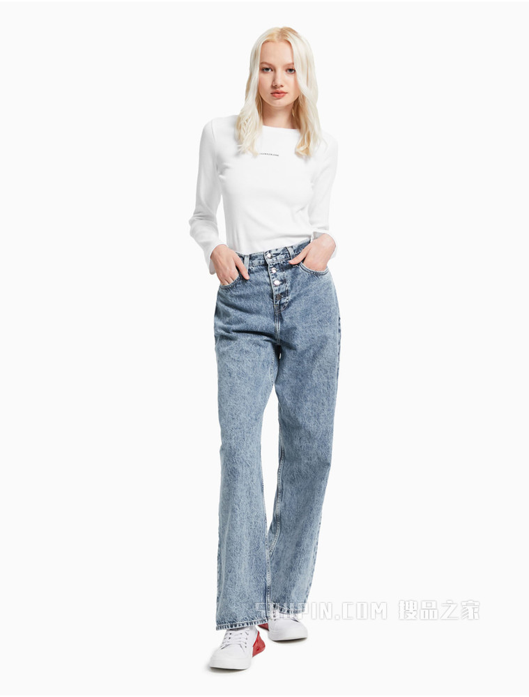 Calvin Klein 女士高腰直筒排扣做旧水洗牛仔裤J217798