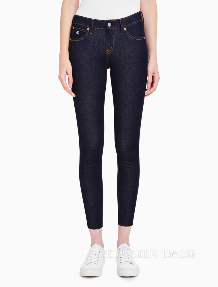 Calvin Klein 女装时尚低腰弹力毛边做旧修身牛仔裤J216032